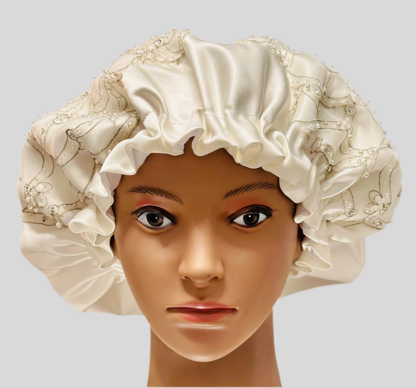 Bridal luxury, hair bonnet, double-sided, White, Beaded, Designer bonnet
