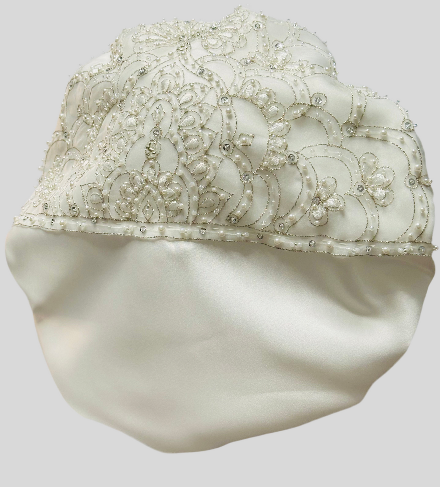 Bridal luxury, hair bonnet, double-sided, White, Beaded, Designer bonnet