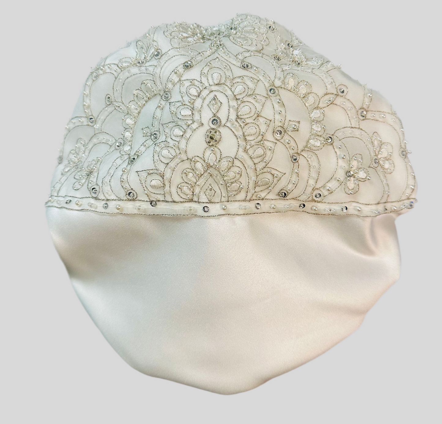 Bridal luxury, hair bonnet, double-sided, White, Beaded, Designer bonnet