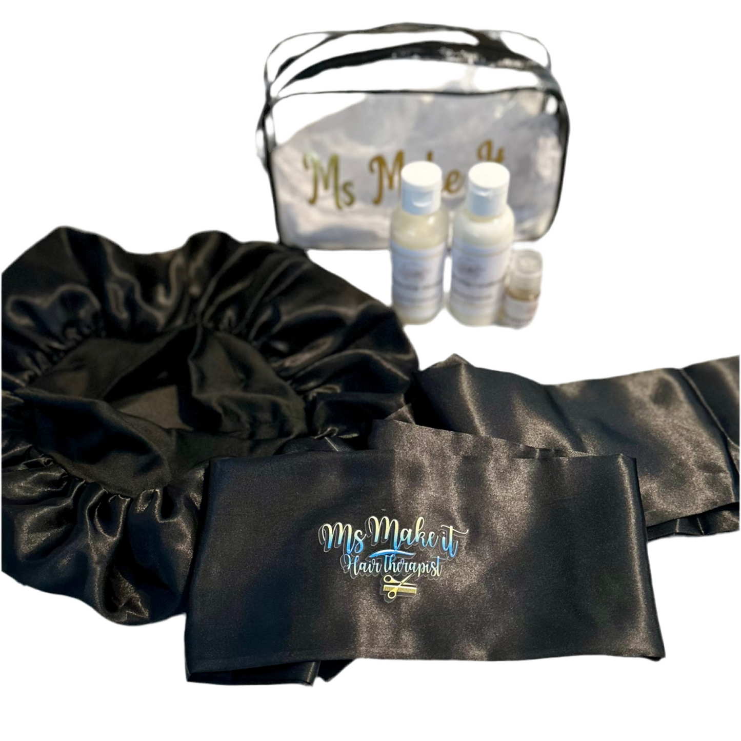 Satin Bonnet Beauty Bundle- Satin Bonnet, Satin Edge Scarf, Shampoo, Conditioner and Scalp Oil