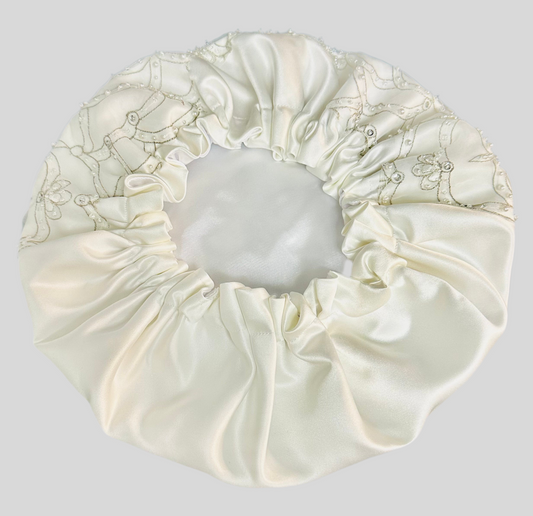 Bridal luxury, hair bonnet, double-sided, White, Beaded, Designer bonnet