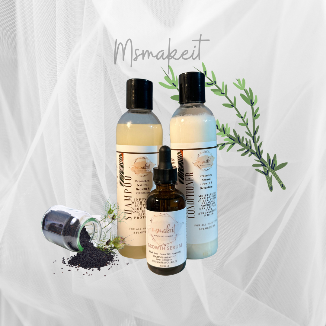 Msmakeit Bundle repair kit includes Moisturizing Shampoo and Conditioner, along with Hair Growth Oil Drops