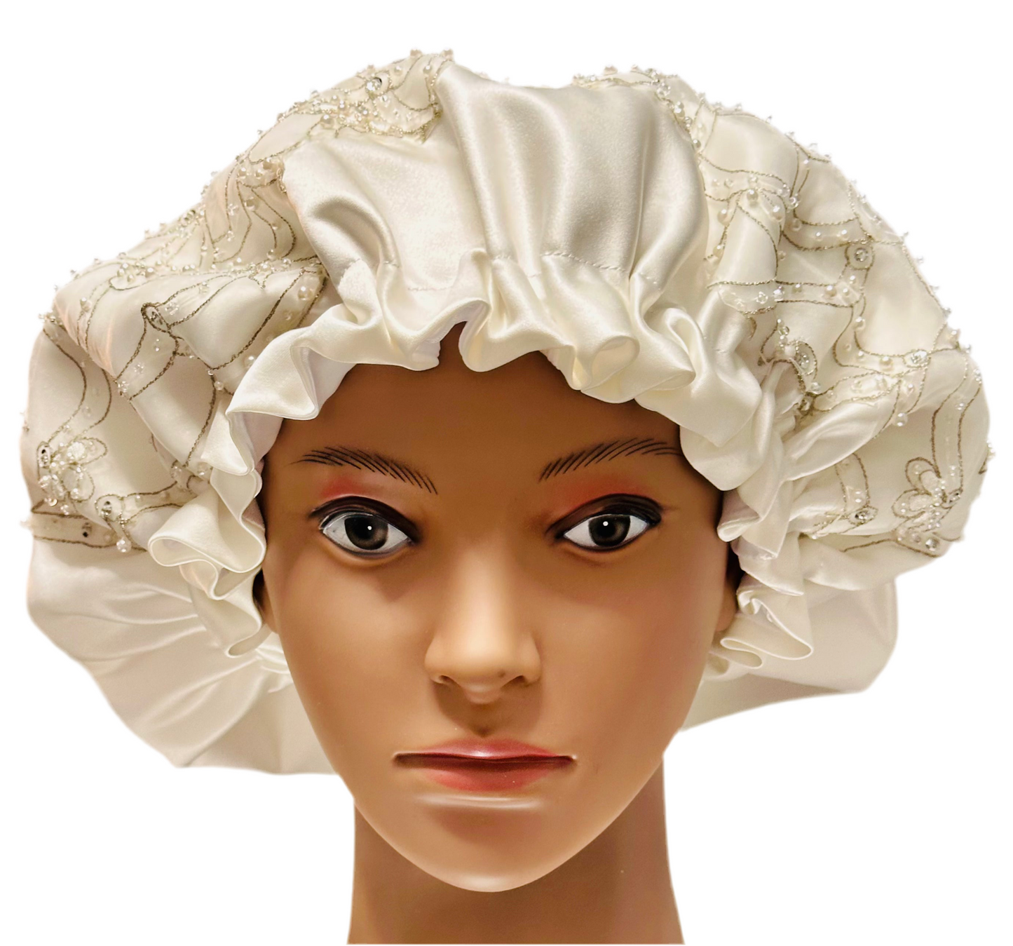 Bridal luxury, hair bonnet, double-sided, White, Beaded, Designer bonnet