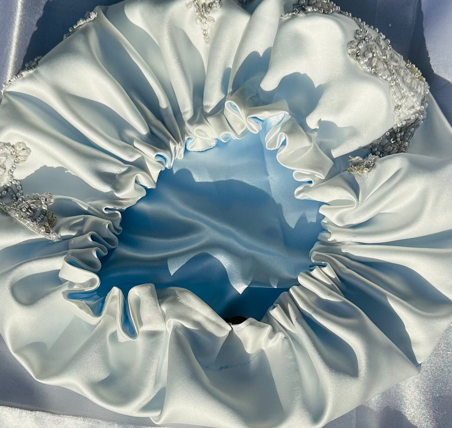 Bridal luxury, hair bonnet, double-sided, White, Beaded, Designer bonnet