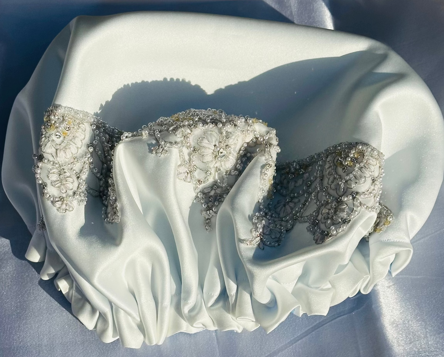 Bridal luxury, hair bonnet, double-sided, White, Beaded, Designer bonnet