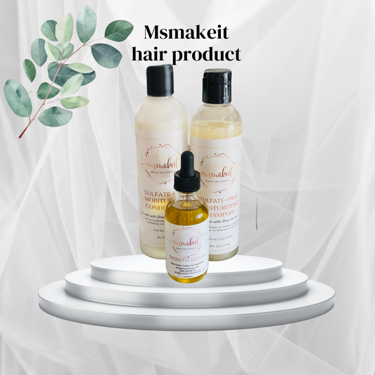 Msmakeit Bundle repair kit includes Moisturizing Shampoo and Conditioner, along with Hair Growth Oil Drops